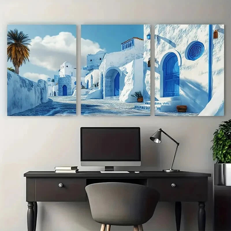 3pcs Blue and White Tunisian Village Sidi Bou Said Metal Print Ready to Hang Art