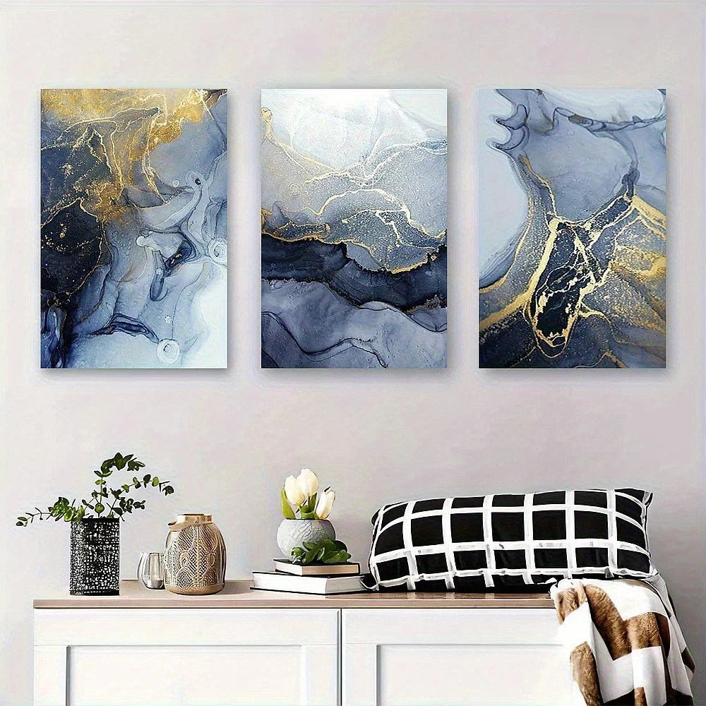 3pcs Abstract Ink and Golden Marble Metal Print Ready to Hang Art