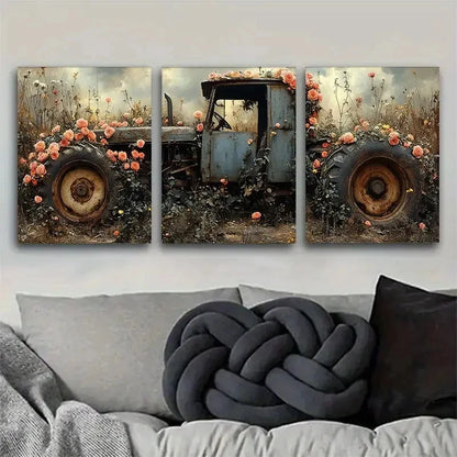 3pcs Vintage Tractor with Roses & Wildflowers Metal Print Ready to Hang Art