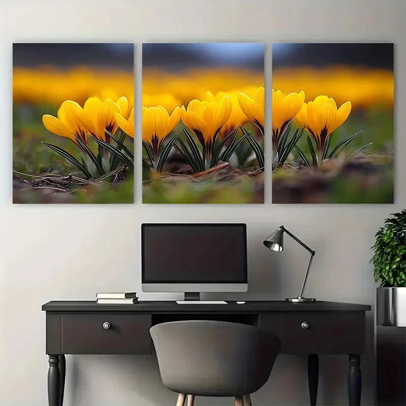 3pcs Vibrant Golden Yellow Crocus Field Metal Print Ready to Hang Art