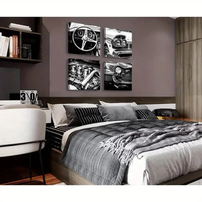 4pcs Black And White Wall Art Vintage CarWall Art Canvas Framed