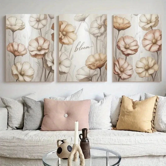 3pcs White Flowers Soft Petals Floral Painting Metal Print Ready to Hang Art