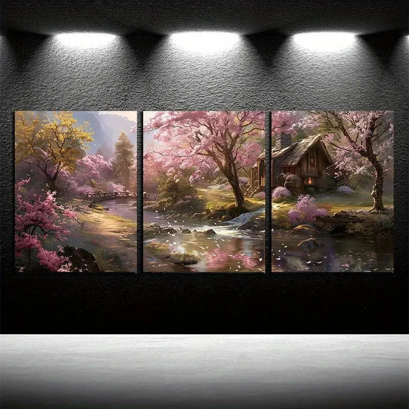 3pcs Vibrant Houses By The Creek with Pink Florals Metal Print Ready to Hang Art