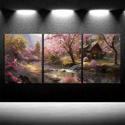 3pcs Vibrant Houses By The Creek with Pink Florals Metal Print Ready to Hang Art