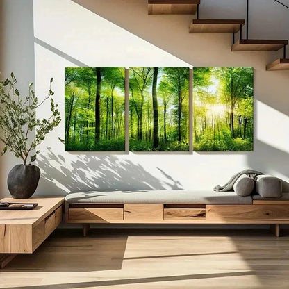 3pcs Sun Through Green Forest Landscape Wall Art Set Canvas Framed 40x60cm - High Quality Print 100% Australian Made Wall Canvas Ready to Hang