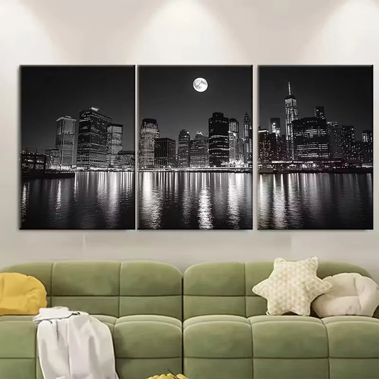 3pcs Minimalist Black and White Skyline Metal Print Ready to Hang Art
