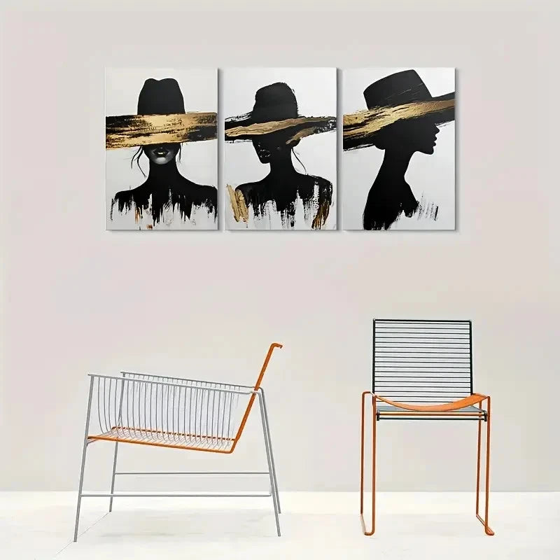 3pcs Black White and Golden Silhouette Metal Print Ready to Hang Art