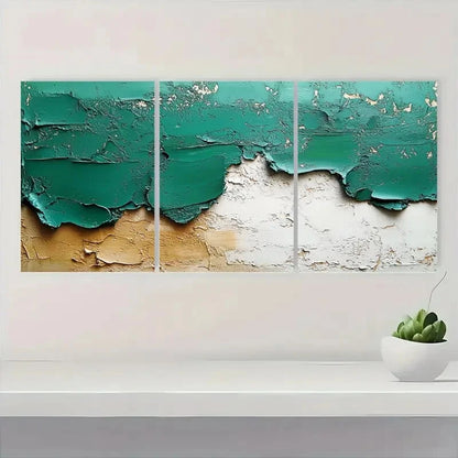 3pcs Abstract Green & White Textured Metal Print Ready to Hang Art