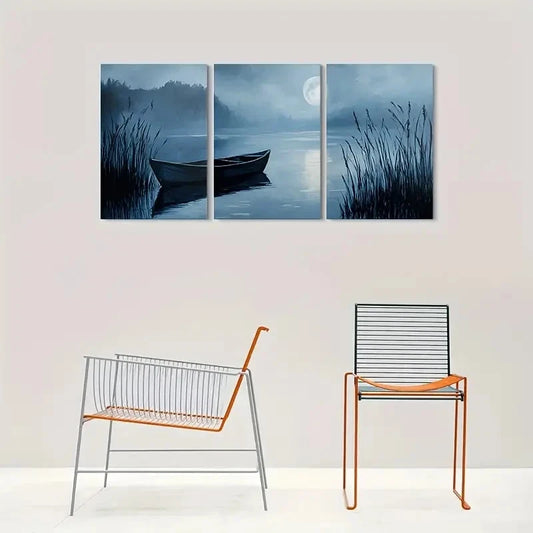 3pcs Serene Moonlit Lake Blue Nature Metal Print Ready to Hang Art