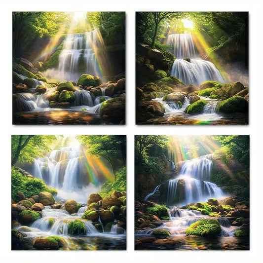 4pcs Waterfall rainbow stoneWall Art Canvas Framed