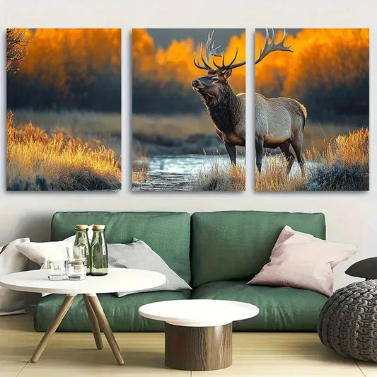 3pcs Elk in Forest Wildlife Design Metal Print Ready to Hang Art