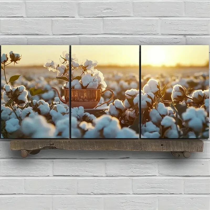 3pcs Teapots And Cups in The Fields Metal Print Ready to Hang Art