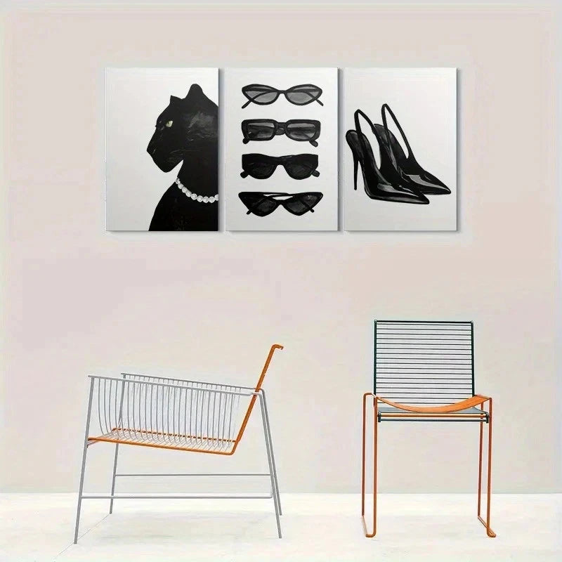 3pcs Black Panther with Pearl Necklace Glasses Metal Print Ready to Hang Art