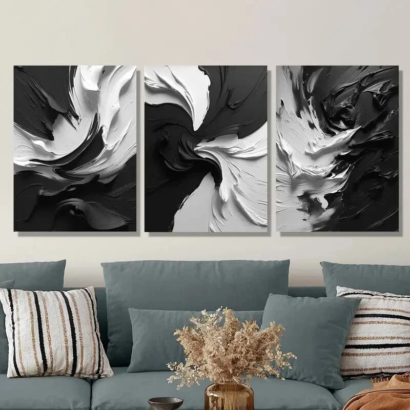3pcs Modern Abstract Black And White Textured Metal Print Ready to Hang Art