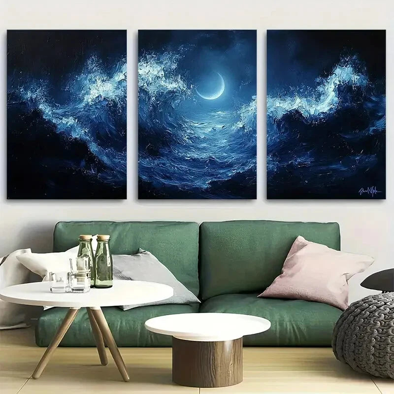 3pcs Night Sky and Crescent Moon Fantasy Seascape Metal Print Ready to Hang Art