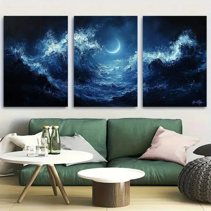 3pcs Night Sky and Crescent Moon Fantasy Seascape Metal Print Ready to Hang Art