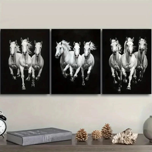 3pcs Three White Horses Are Running Metal Print Ready to Hang Art