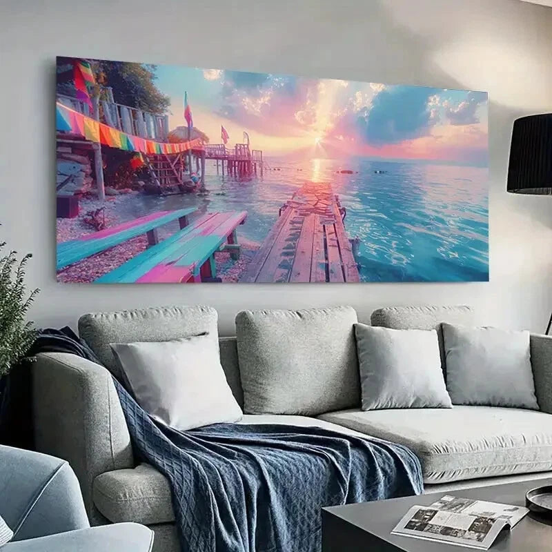 Pink Sunset Over River wall canvas office home room framed 120x60cm - Bella Home Decor