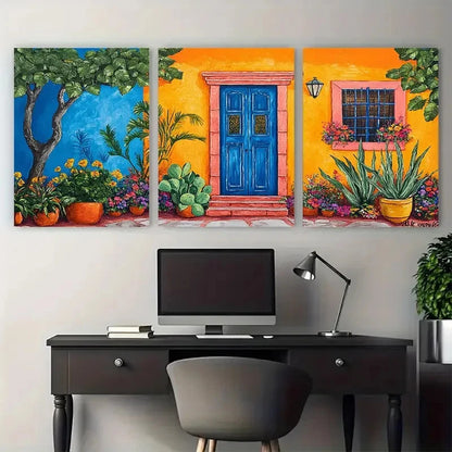 3pcs Colorful Mexican House Courtyard Garden Metal Print Ready to Hang Art