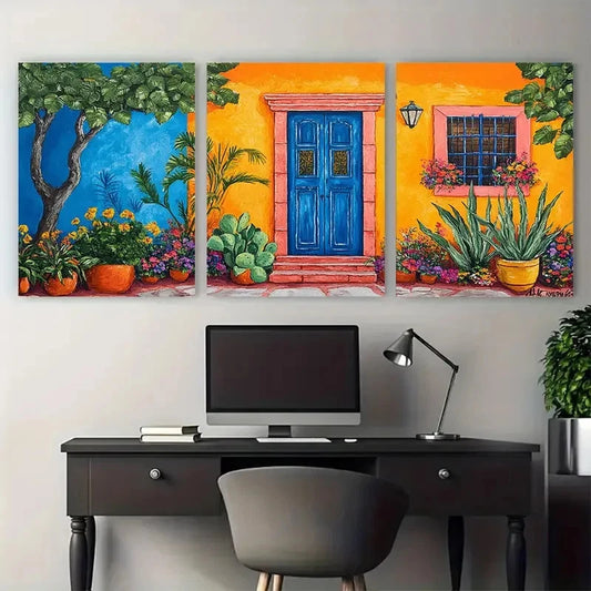 3pcs Colorful Mexican House Courtyard Garden Metal Print Ready to Hang Art