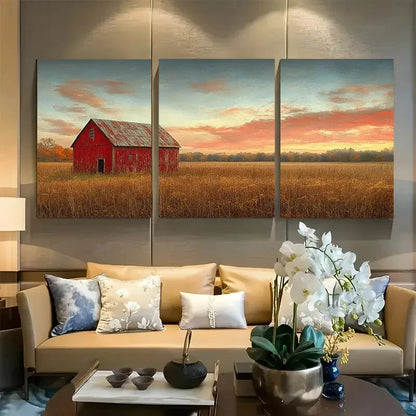 3pcs Red Barns and Golden Wheat Fields Design Metal Print Ready to Hang Art