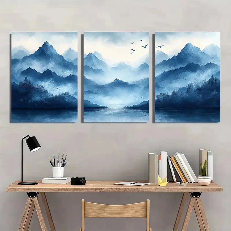 3pcs Blue Smoke Wave and Birds Abstract Landscape Metal Print Ready to Hang Art