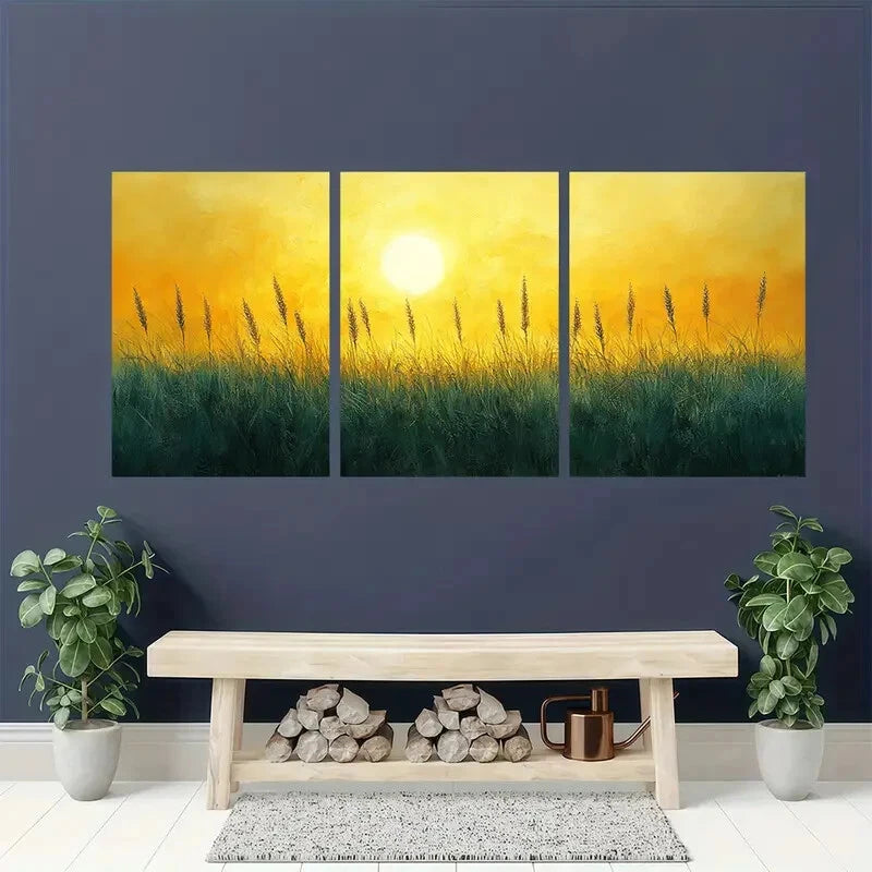 3pcs Sun kissed Grassland Metal Yellow Olive Green Print Ready to Hang Art