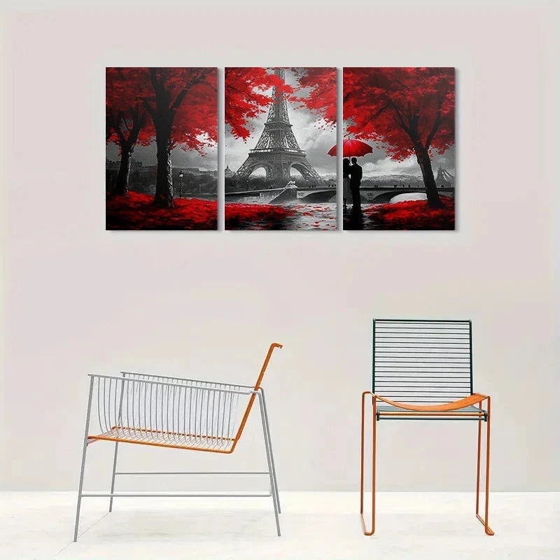 3pcs Eiffel Tower Red Leaf Parisian Romance Metal Print Ready to Hang Art