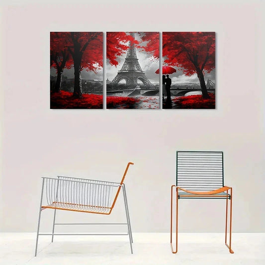 3pcs Eiffel Tower Red Leaf Parisian Romance Metal Print Ready to Hang Art
