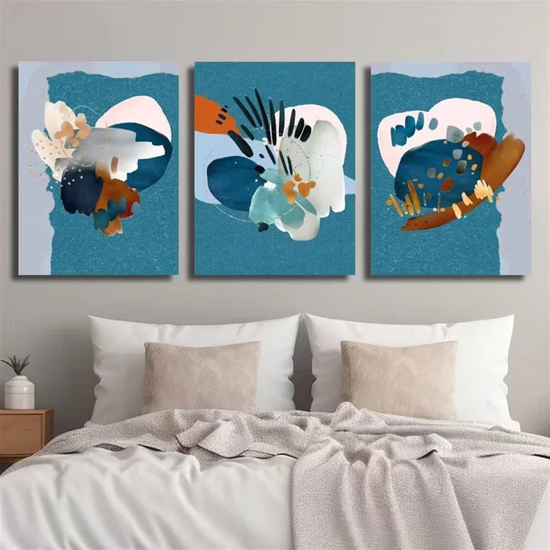 3pcs Geometric Patterns in Turquoise And Orange Metal Print Ready to Hang Art