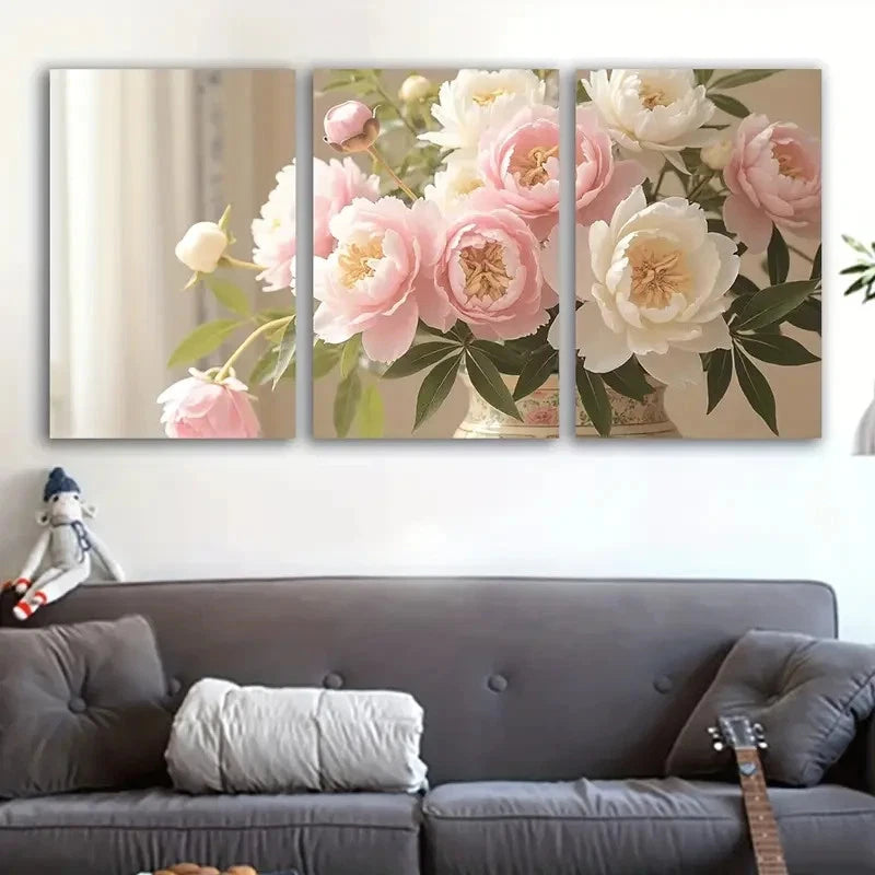 3pcs Elegant Pink & White Floral Bouquet In Vase Wall Art Set Canvas Framed 50x70cm - High Quality Print 100% Australian Made Wall Canvas Ready to Hang