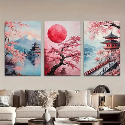 3pcs Mount Fuji Sakura Blossom Red Sunset in Japan Metal Print Ready to Hang Art