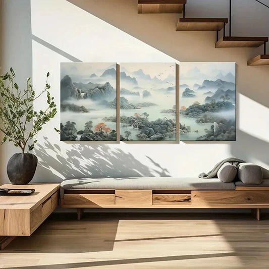 3pcs Serene Chinese Traditional Landscape Metal Print Ready to Hang Art
