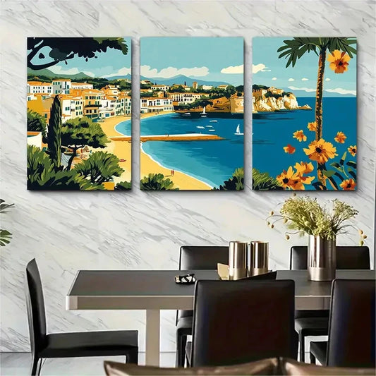 3pcs Mid Century Modern European Scenic Metal Print Ready to Hang Art