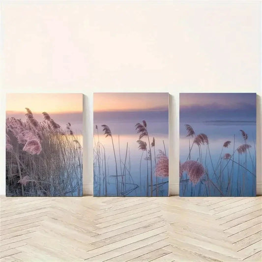 3pcs Natural Sunset Pampas Grass Painting Metal Print Ready to Hang Art