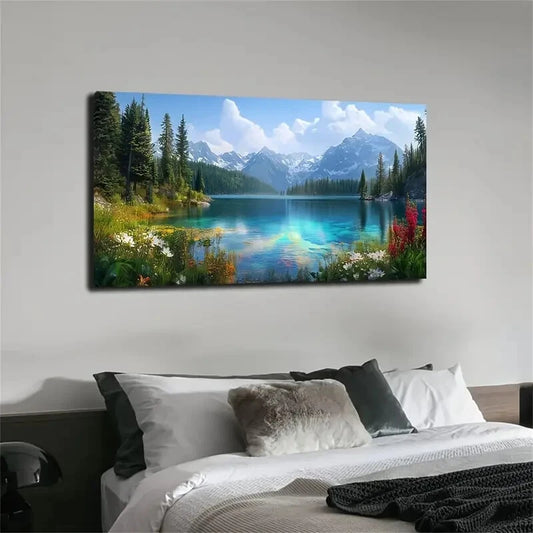 Autumn Lake & Birch Trees wall canvas office home room framed 120x60cm