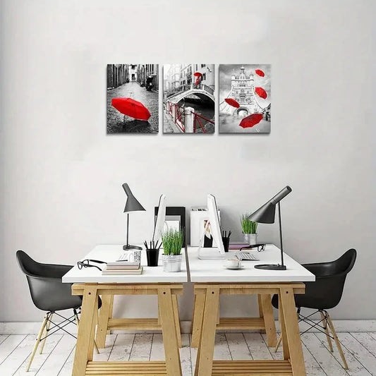 3pcs Black and white landscape building umbrella Metal Print Ready to Hang Art