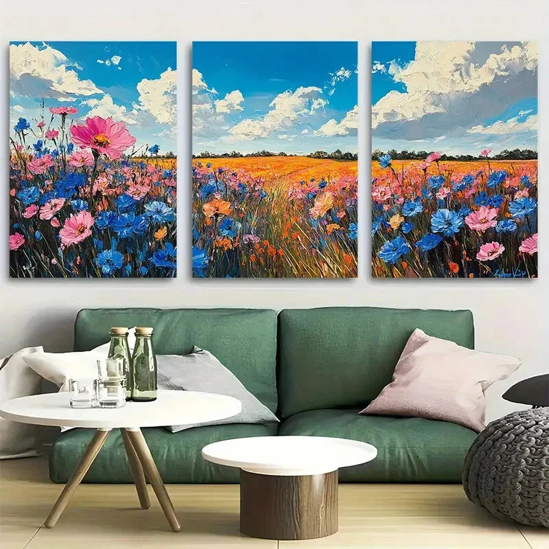 3pcs Field Of Wildflowers Vibrant Colors Design Metal Print Ready to Hang Art