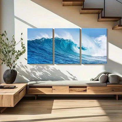 3pcs Vibrant Blue Surf Ocean Wave Wall Art Set Canvas Framed 40x60cm - High Quality Print 100% Australian Made Wall Canvas Ready to Hang