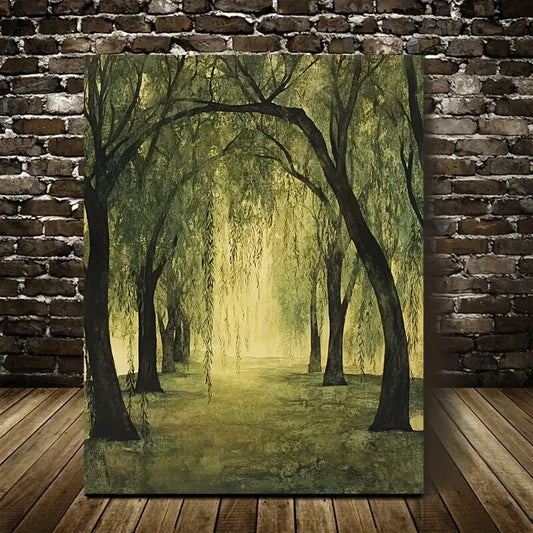Serene Willow Forest Scene with Sunlit Painting 40x60cm Metal Print Ready to Hang