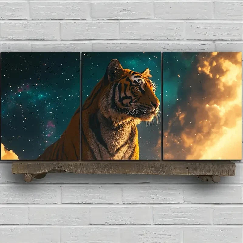 3pcs Mighty Tiger Vibrant Clouds Metal Print Ready to Hang Art
