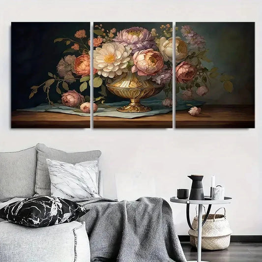 3pcs Vintage Peony Bouquet Oil Painting Wall Art Set Canvas Framed 40x60cm - High Quality Print 100% Australian Made Wall Canvas Ready to Hang