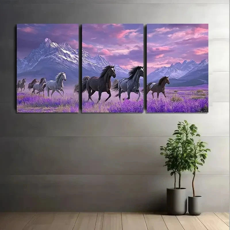 3pcs Black White Gray & Purple Wild Horses Metal Print Ready to Hang Art