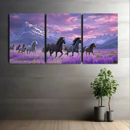 3pcs Black White Gray & Purple Wild Horses Metal Print Ready to Hang Art