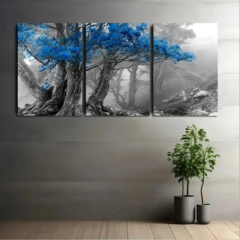 3pcs Ancient Trees With Blue Mist Wall Art Set Canvas Framed 50x70cm - High Quality Print 100% Australian Made Wall Canvas Ready to Hang