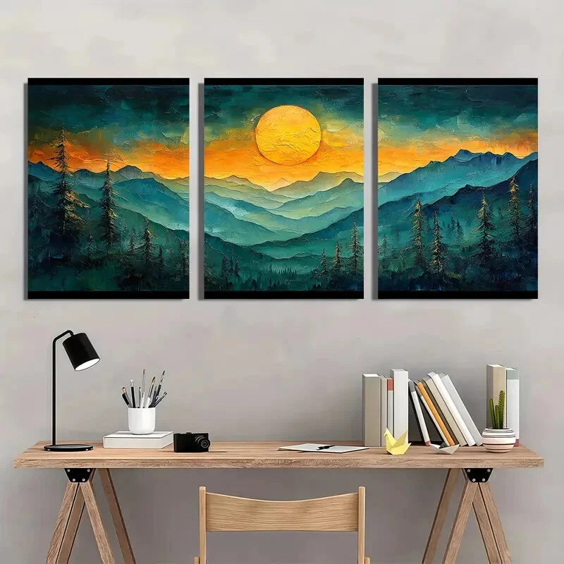 3pcs Vibrant Sunset Abstract Mountain Landscape Metal Print Ready to Hang Art