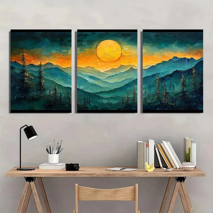 3pcs Vibrant Sunset Abstract Mountain Landscape Metal Print Ready to Hang Art