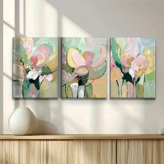 3pcs Soft Green & Pink with Yellow Accents Metal Print Ready to Hang Art