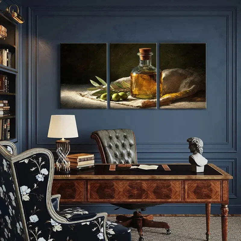 3pcs Classic Olive Oil Bottle Green Olives & Warm Metal Print Ready to Hang Art