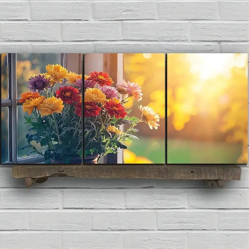 3pcs Flowers On The Windowsill Metal Print Ready to Hang Art